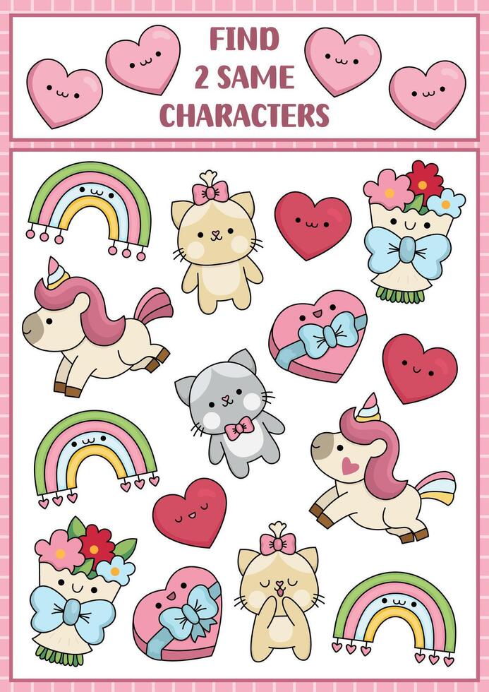 Find two same characters. Saint Valentine kawaii matching activity for children. Love holiday educational quiz worksheet for kids for attention skills. Simple printable game vector