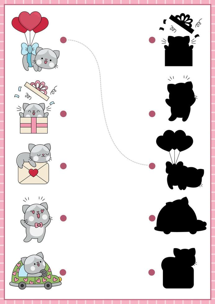 Saint Valentine shadow matching activity with cats. Love holiday shape recognition puzzle with kawaii animals. Find correct silhouette printable worksheet. Cute page for kids with kitties vector