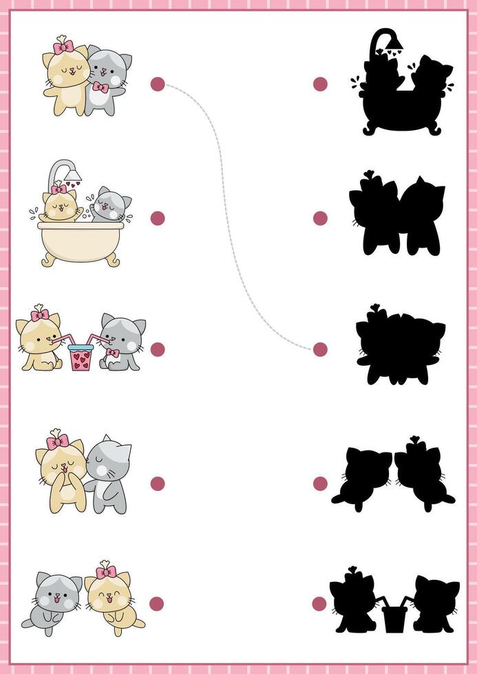 Saint Valentine shadow matching activity with cats. Love holiday shape recognition puzzle with kawaii animals. Find correct silhouette printable worksheet. Cute page for kids with kitties pair vector