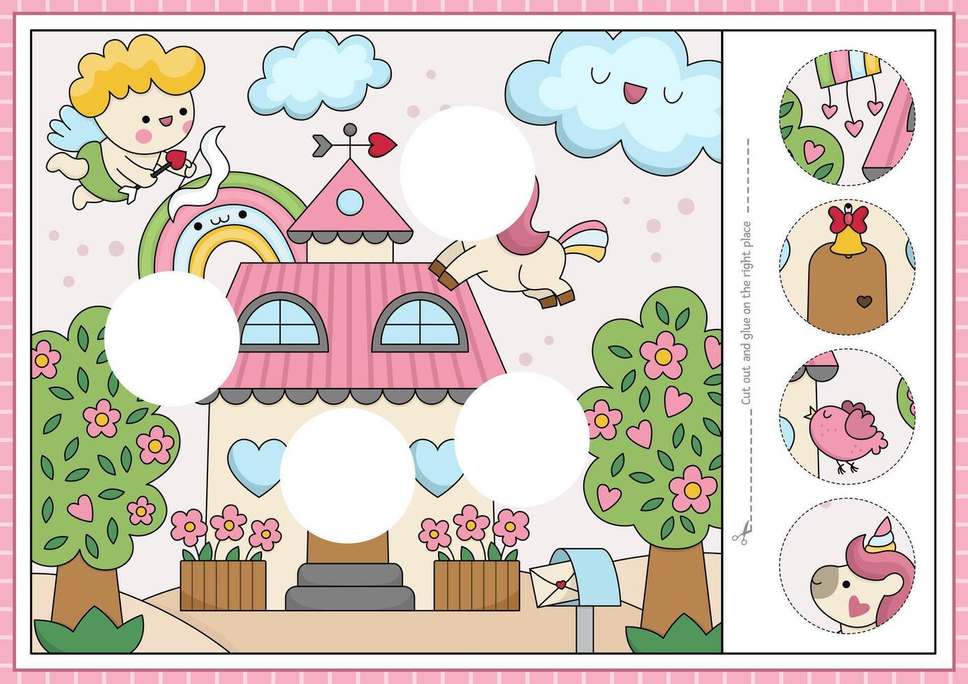 Saint Valentine cut and glue activity. Crafting game with cute kawaii date scene. Fun love holiday printable worksheet. Find the right piece of the puzzle. Complete the picture with missing pieces vector