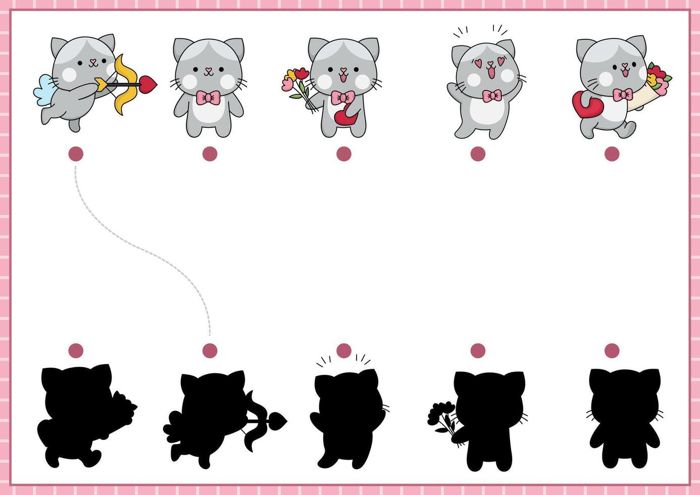 Saint Valentine shadow matching activity with cats. Love holiday shape recognition puzzle with kawaii animals. Find correct silhouette printable worksheet. Cute page for kids with kitties vector