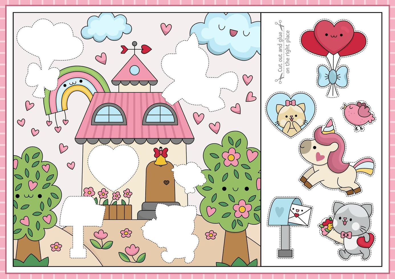 Saint Valentine cut and glue activity. Crafting game with cute kawaii date scene. Fun love holiday printable worksheet. Find the right piece of the puzzle. Complete the picture with unicorn, cat vector