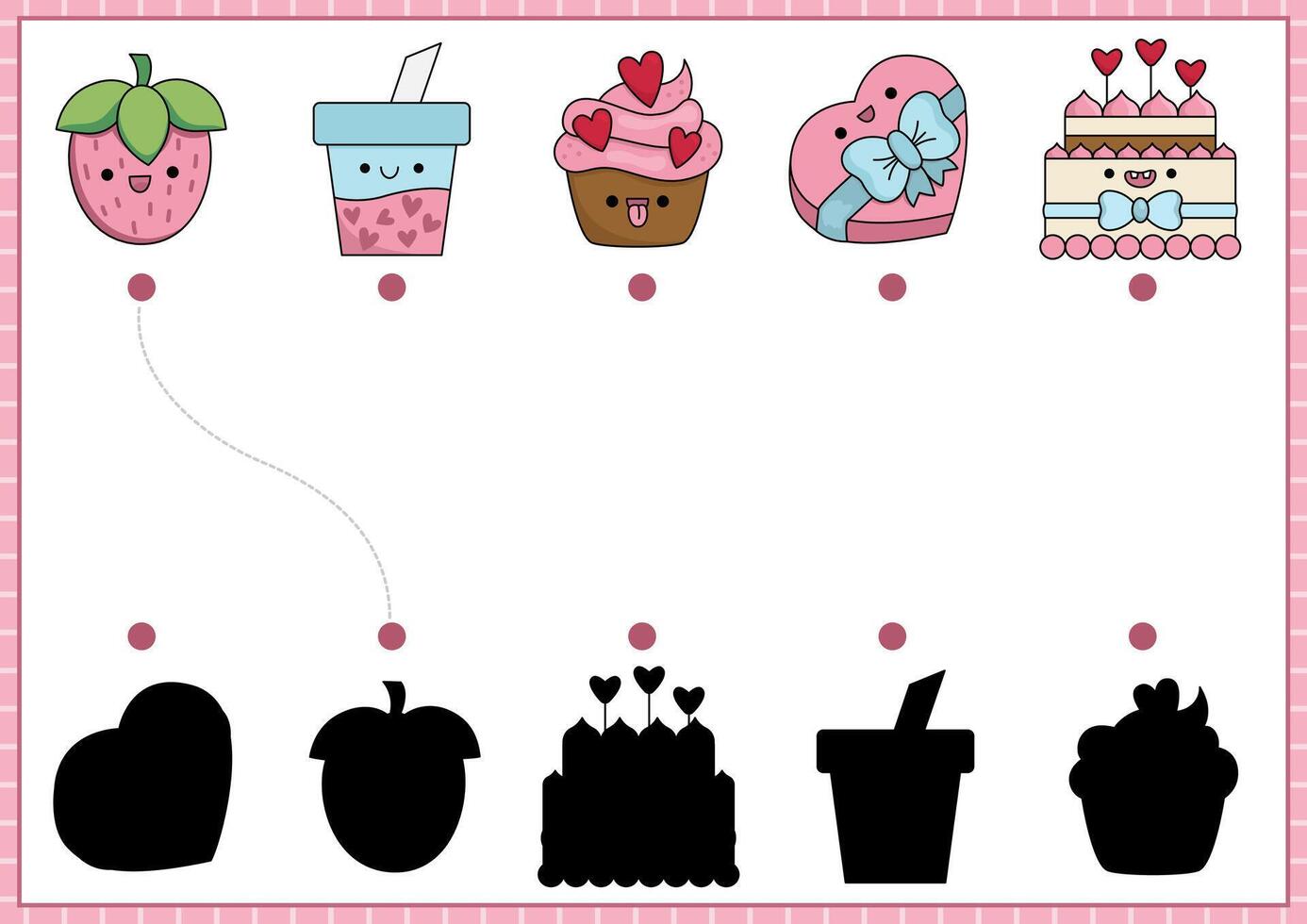 Saint Valentine shadow matching activity with sweet food. Love holiday shape recognition puzzle with kawaii symbols. Find correct silhouette printable worksheet. Cute page for kids with cupid vector