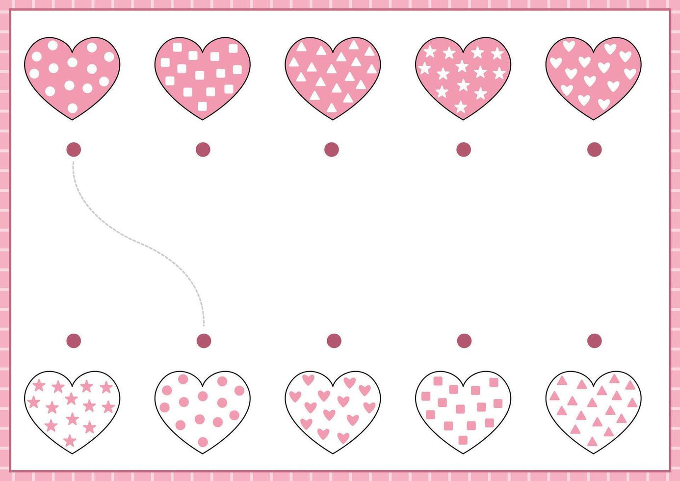 Saint Valentine matching activity for children with cartoon hearts and patterns. Fun love holiday puzzle with cute shapes. Printable worksheet or game for kids vector
