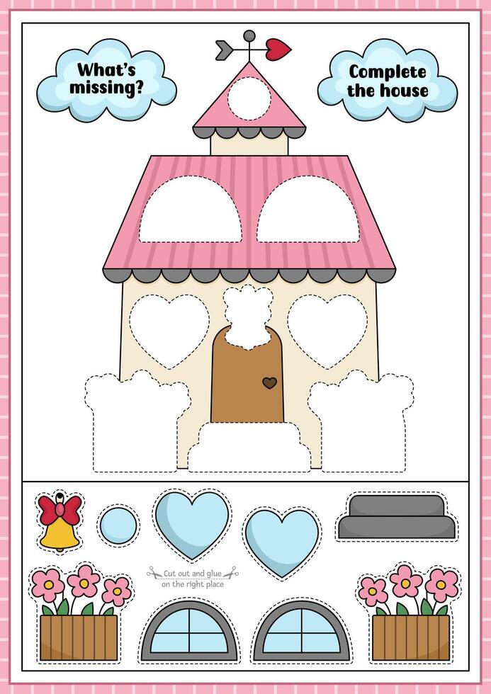 Saint Valentine cut and glue activity. Crafting game with cute kawaii house with hearts. Fun love holiday printable worksheet. Find the right piece of the puzzle. Complete the picture vector
