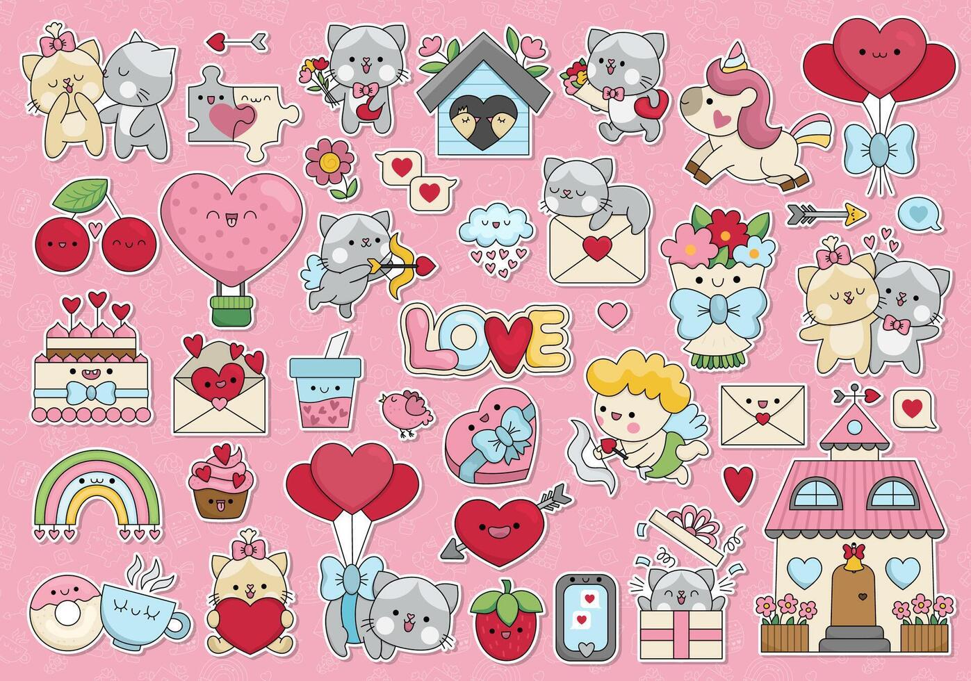 Saint Valentine stickers with cute kawaii characters. Traditional love holiday clipart for kids. Funny badges collection with cupid, unicorn, cats, hearts, flowers. Cartoon romantic icons set vector