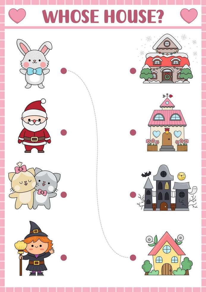 Holiday matching activity for children with kawaii characters and their homes. Fun puzzle with cute Santa Claus, bunny, witch, cats. worksheet or game for kids vector