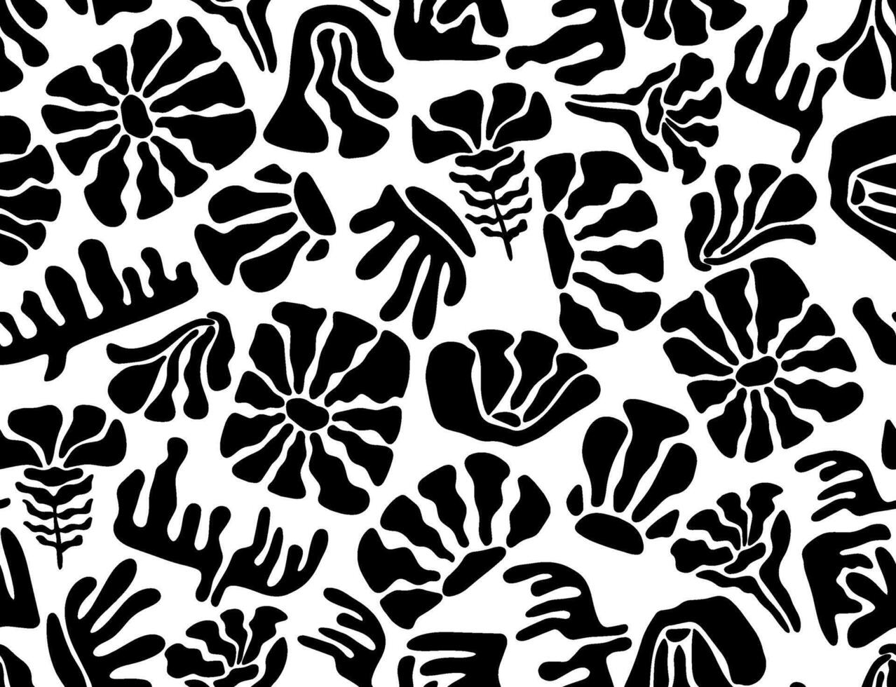 Seamless monochrome pattern with simple minimalist illustrations, simple wavy and fluted grooves. Hand drawn naive style flowers and plants. vector