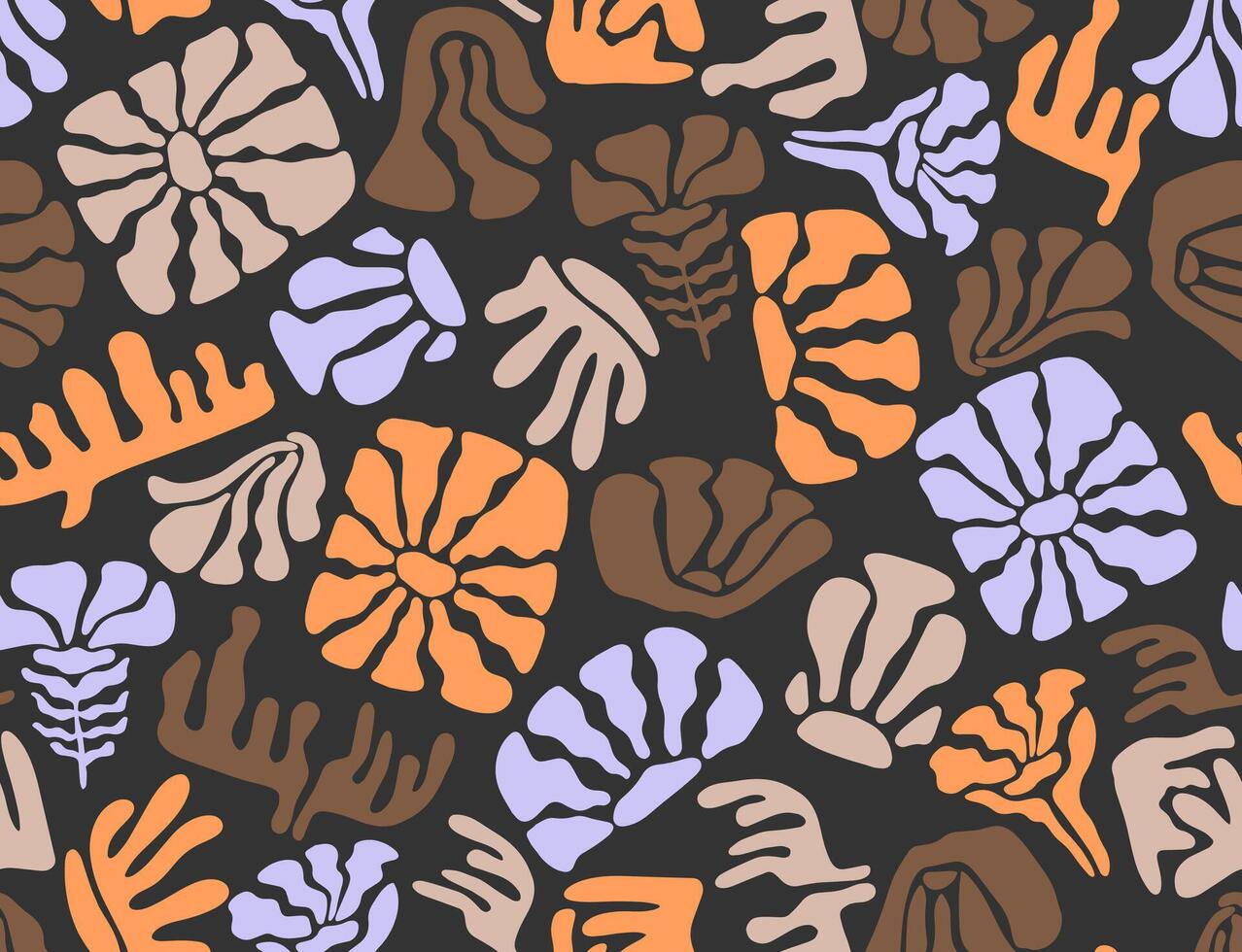 Seamless color pattern with simple minimalist illustrations, simple wavy and fluted grooves. Hand drawn naive style flowers and plants. vector