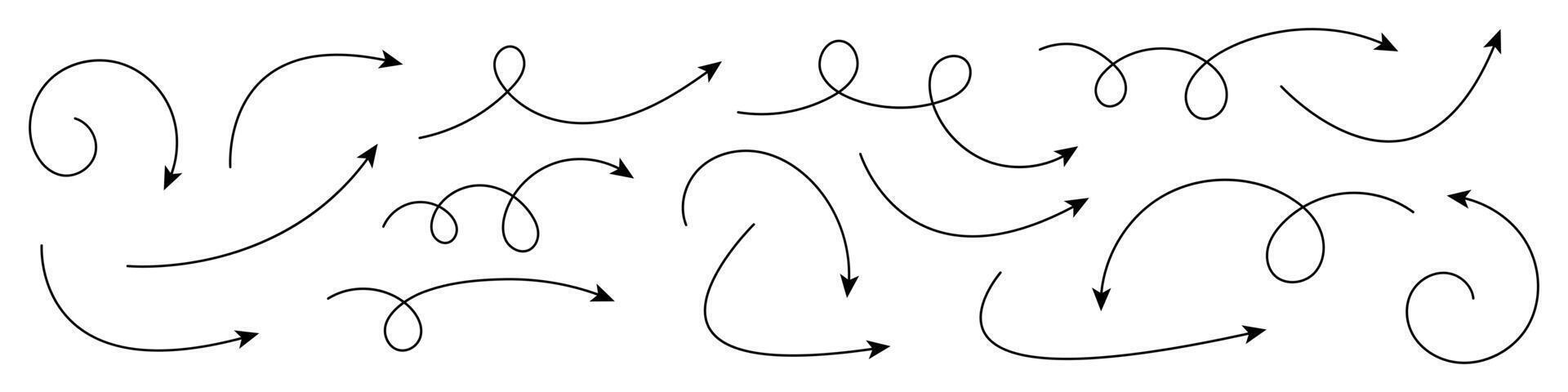 Collection of curved arrows. Set simple curved hand drawn arrows. vector