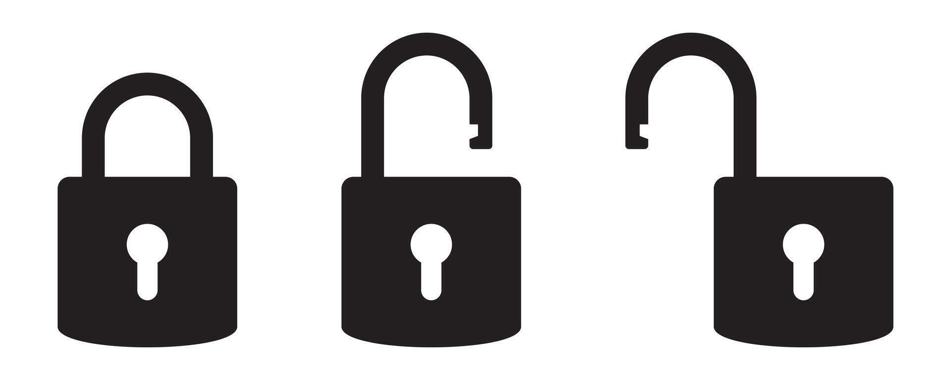 Padlock icon, security icon. Black locked unlocked padlock icon. vector