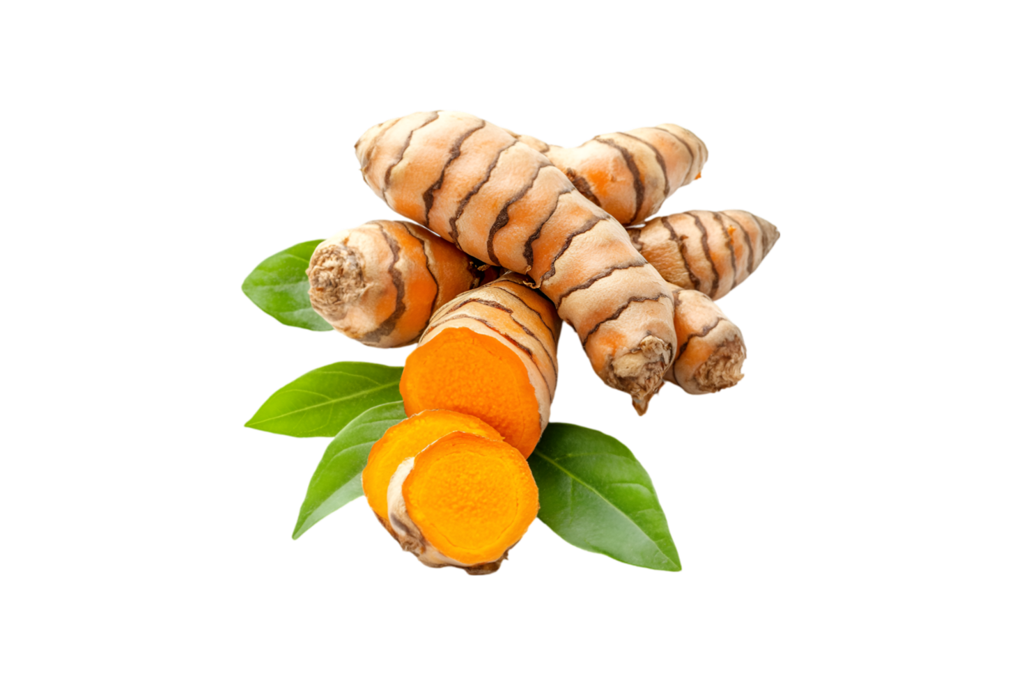 Fresh turmeric roots with leaves and sliced turmeric on a transparent background png
