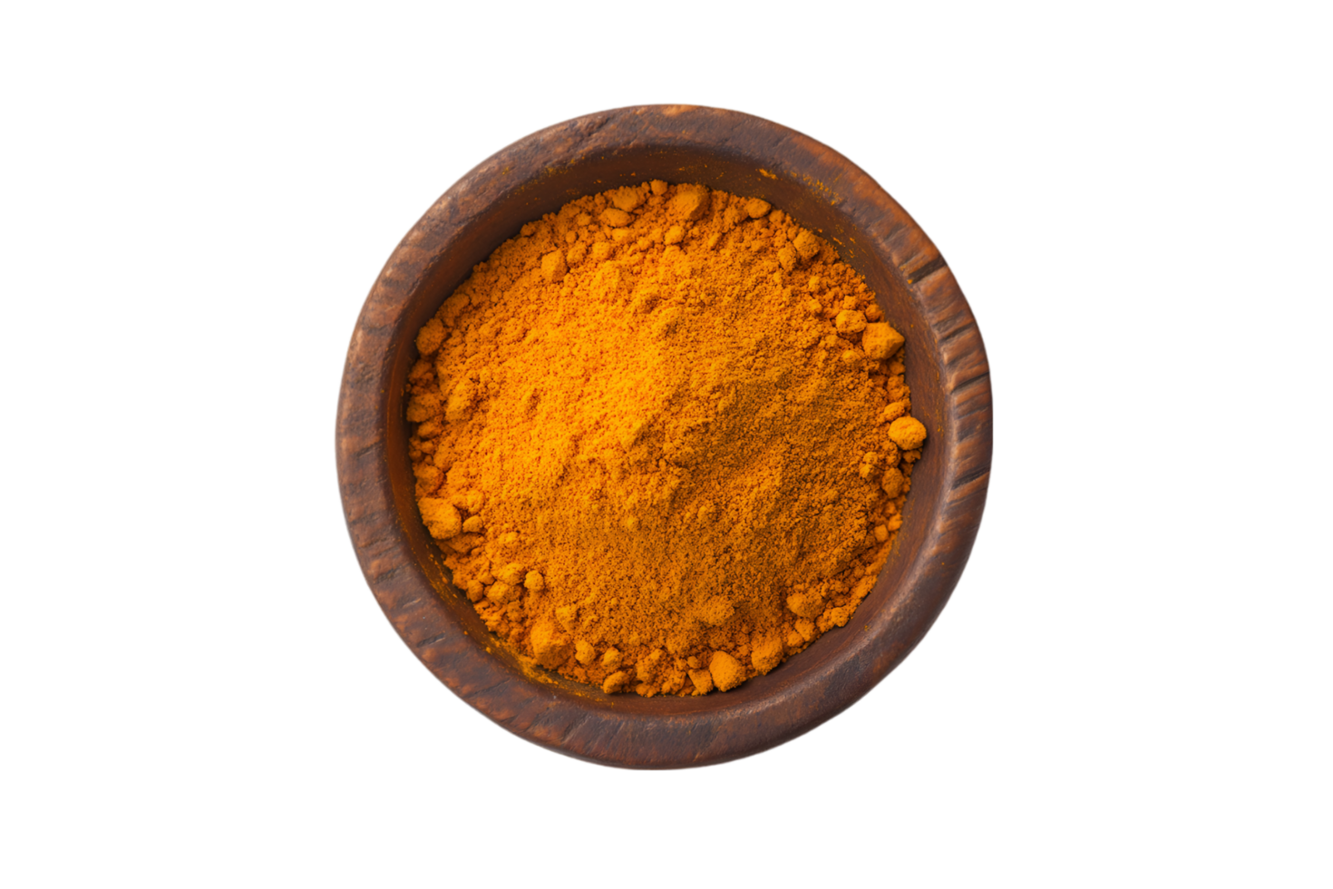 Turmeric powder in a rustic wooden bowl isolated on transparent background png