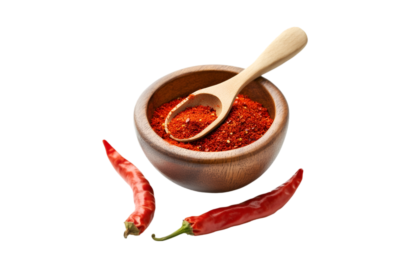 Wooden bowl of chili powder with dried red chilies isolated on a transparent background png