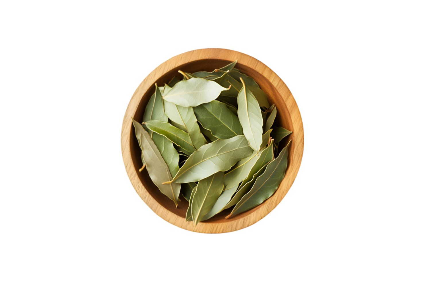 Bay leaves in a wooden bowl isolated on a transparent background png