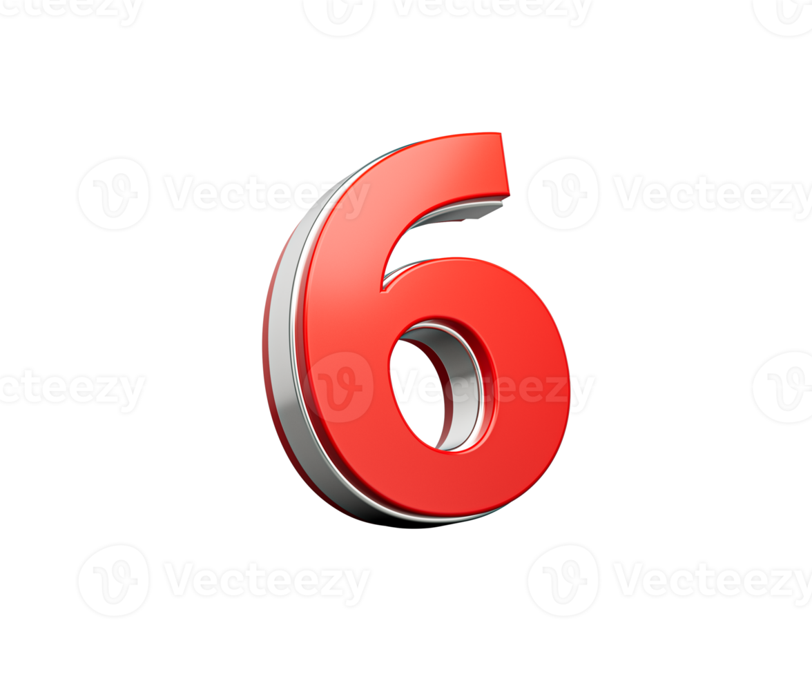 Bold Vibrant Red Number Six Number 6 With Sleek Metallic Gleam 3D Illustration png