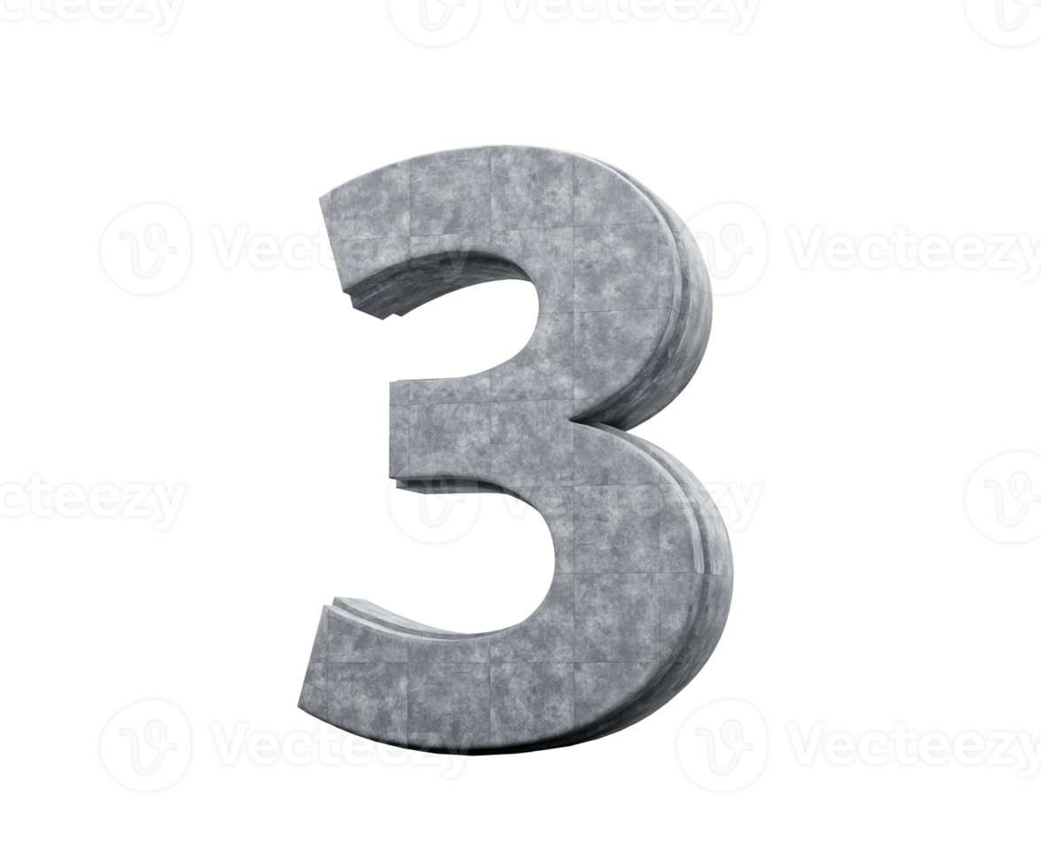 Concrete Number Three 3 Digit Made Of Grey Concrete Stone On White Background 3d Illustration png