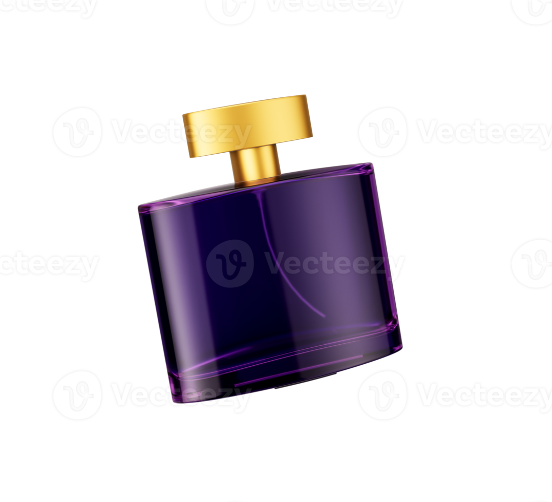 A Purple Crystal Clear Glass Perfume Bottle Crowned By A Shimmering Golden Lid 3D Illustration png