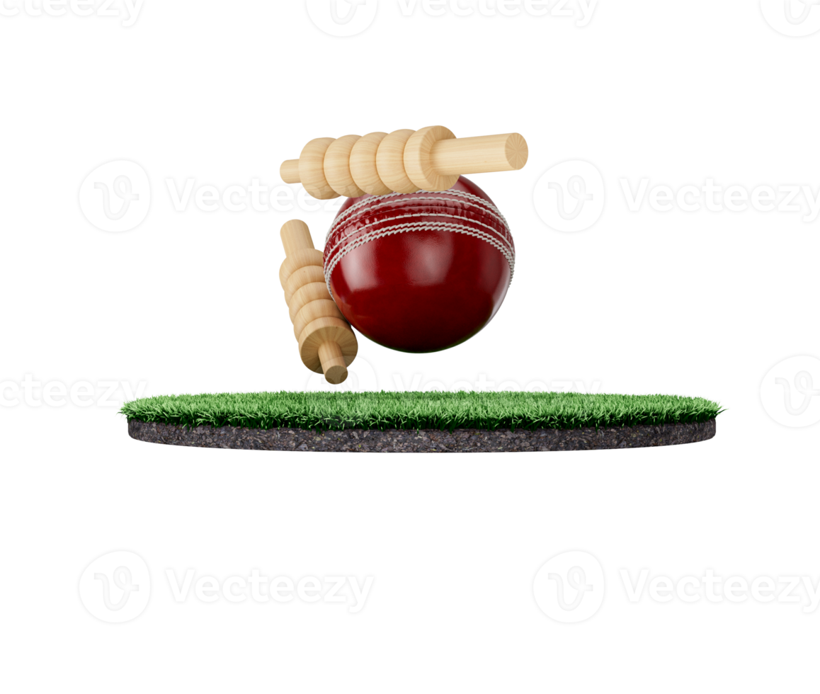 Red Leather Stitched Test Cricket Ball With Two Wicket Bails On Grass Ground Field 3D Illustration png