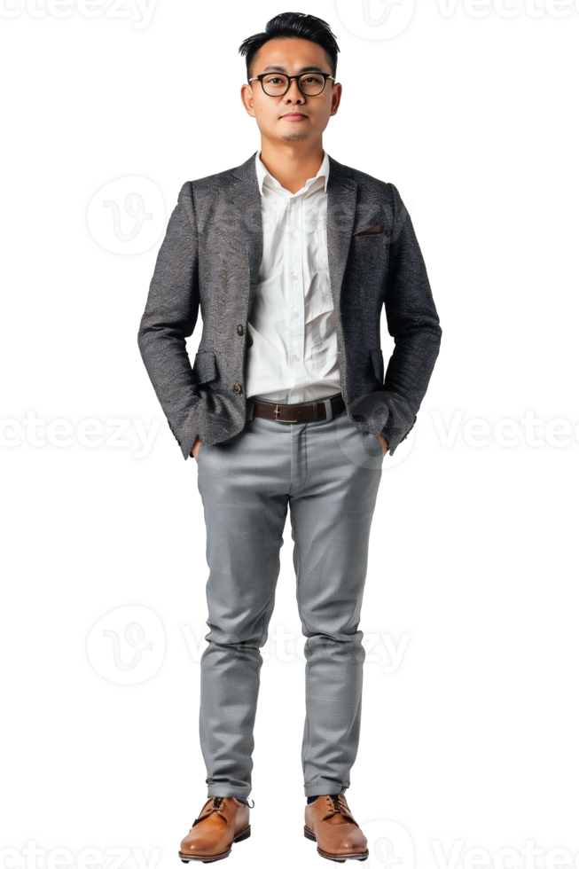 A man in a suit and glasses standing png