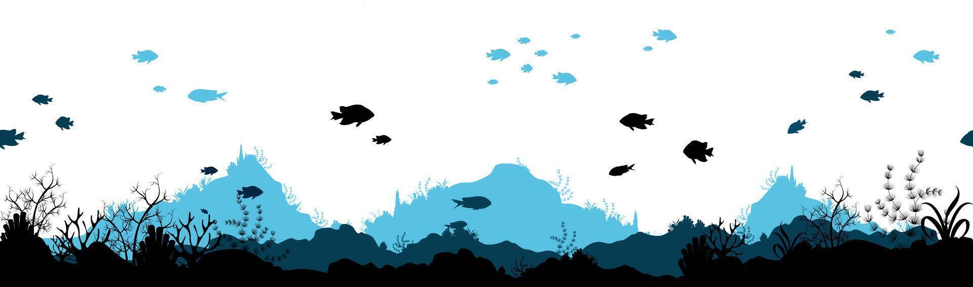 Underwater cartoon flat background with fish silhouette, seaweed, coral. Ocean sea life, cute design. vector