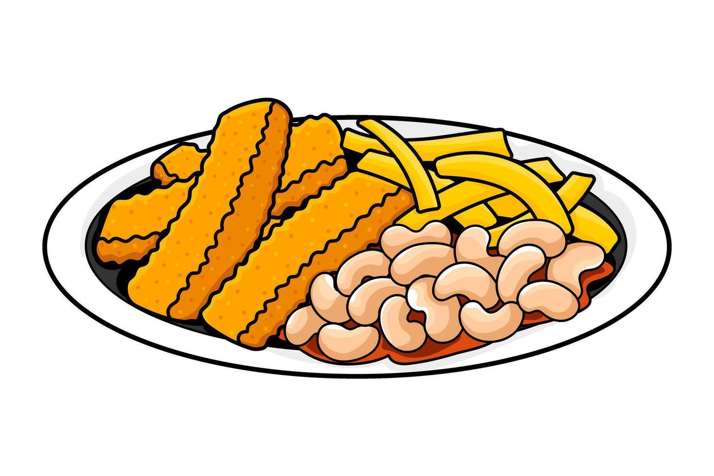 Fish and chips with beans illustration, classic British meal in cartoon style vector