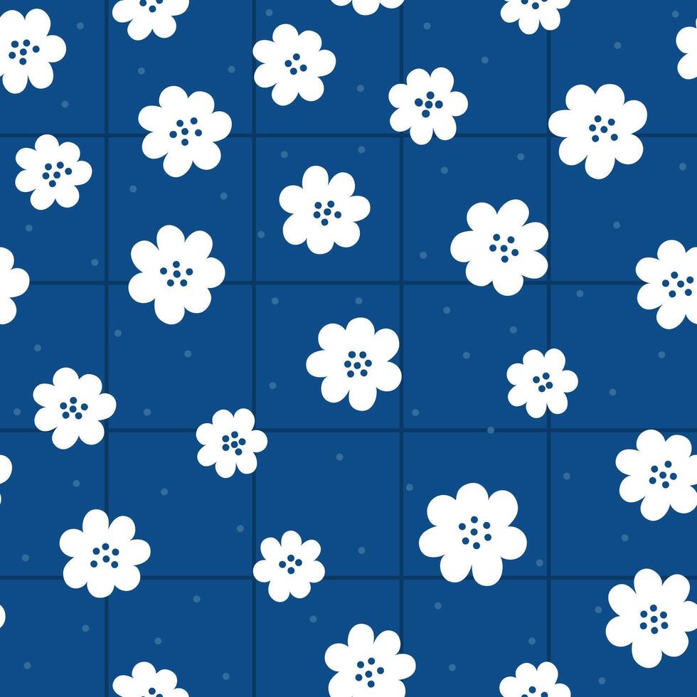 Gentle seamless pattern with white floral design on dark blue checked background vector