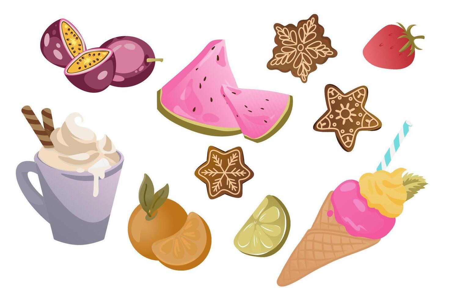 Collection of desserts and fruits including ice cream, gingerbread cookies, whipped cream drink, watermelon, passion fruit, lime, strawberry, and tangerine slices. white background. vector