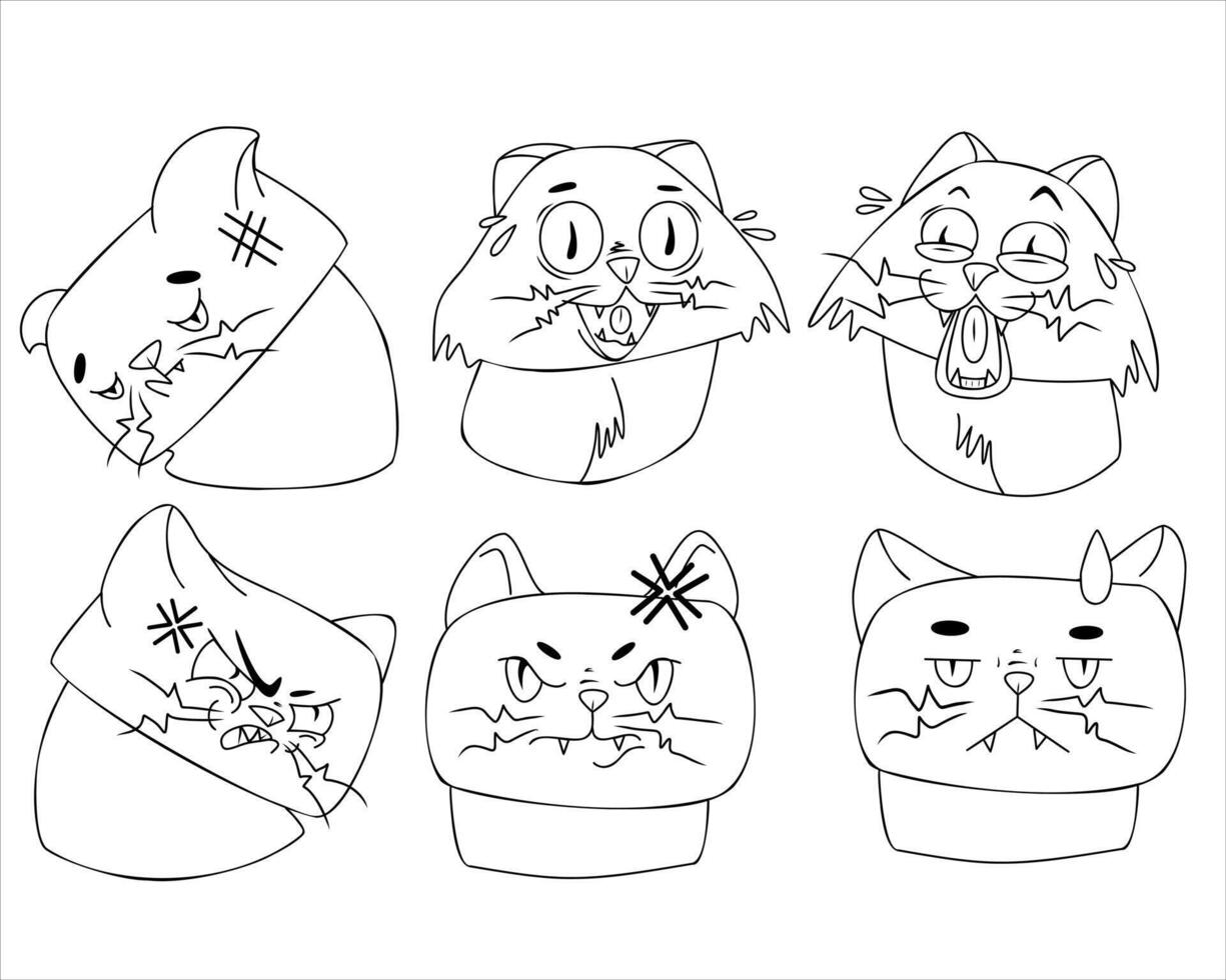 Set of cartoon cat face illustrations with various emotional expressions. Black and white line art in minimalistic style. Character design concept for stickers, emojis, and prints vector