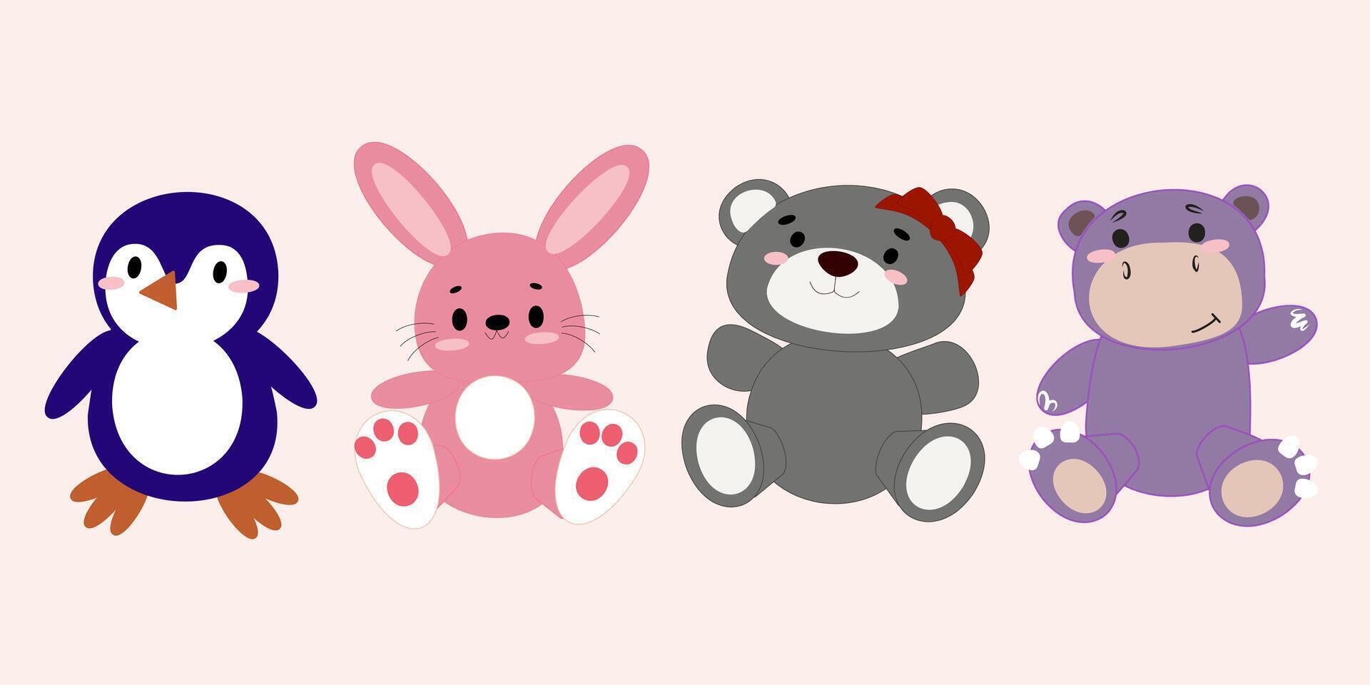 Cartoon penguin, pink rabbit, gray teddy bear with red bow, and purple hippo sitting on light beige background. Cute animal illustration vector