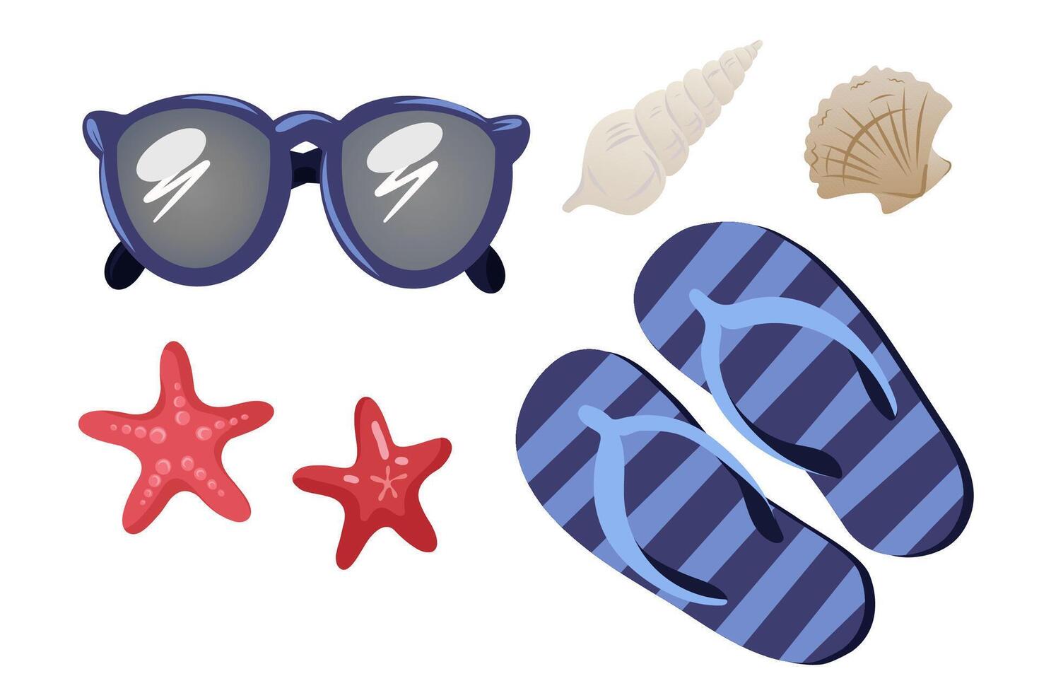 Beach accessories including sunglasses, striped flip-flops, starfish, and seashells. illustration isolated on white background. Summer vacation and seaside concept for design and print. vector