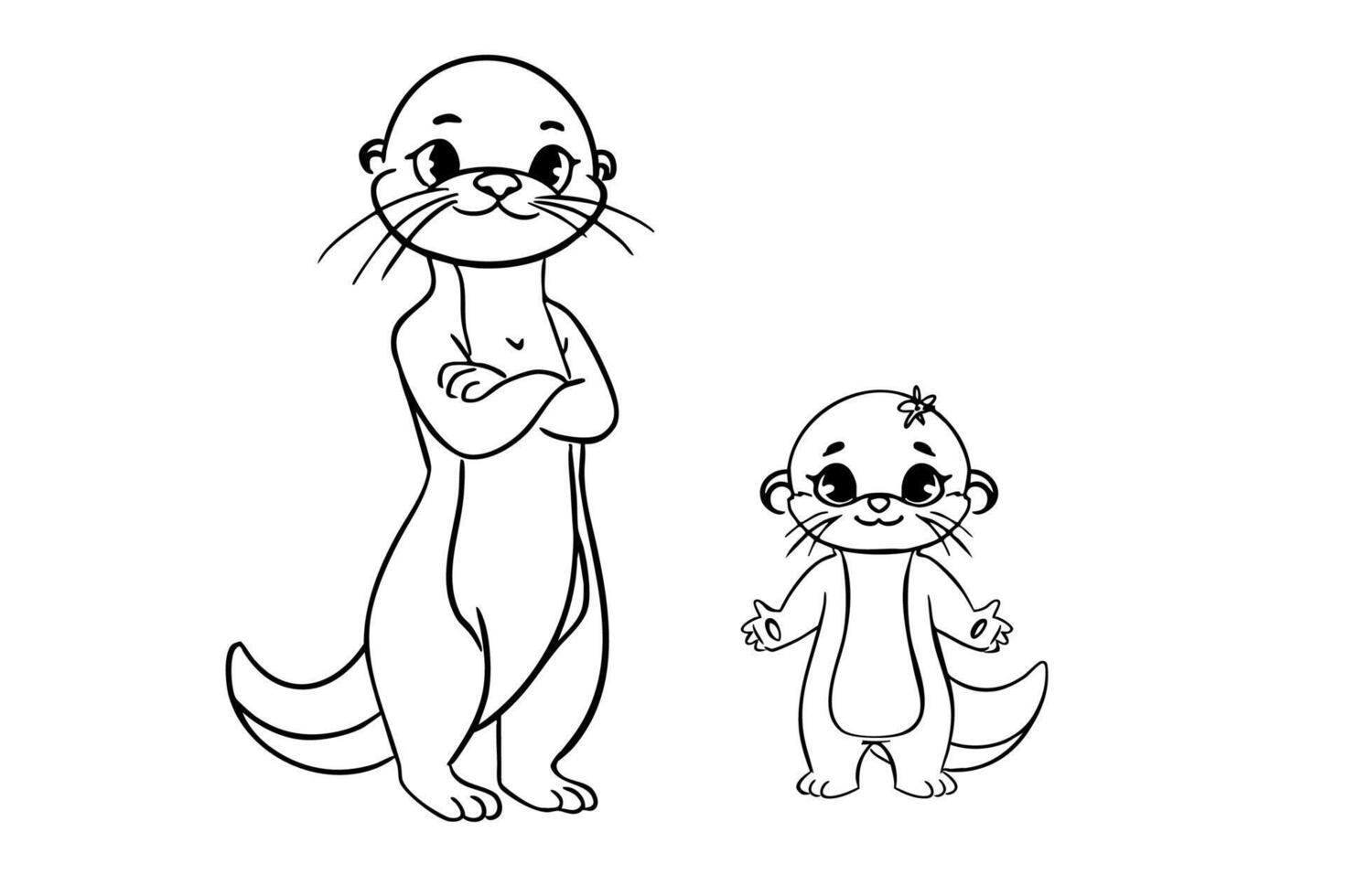 Otter mother and daughter in linear art style on a white background. Black and white illustration suitable. Wildlife and family bond concept for design and print vector