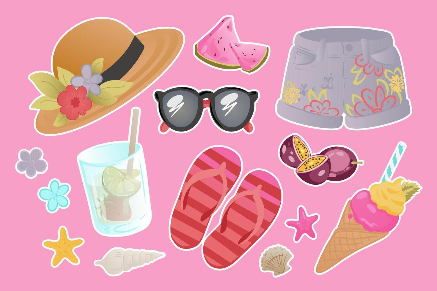 Summer-themed stickers with straw hat, sunglasses, flip-flops, floral shorts, tropical fruits, ice cream, seashells, starfish, and a lime drink. Flat design with on pink background. vector