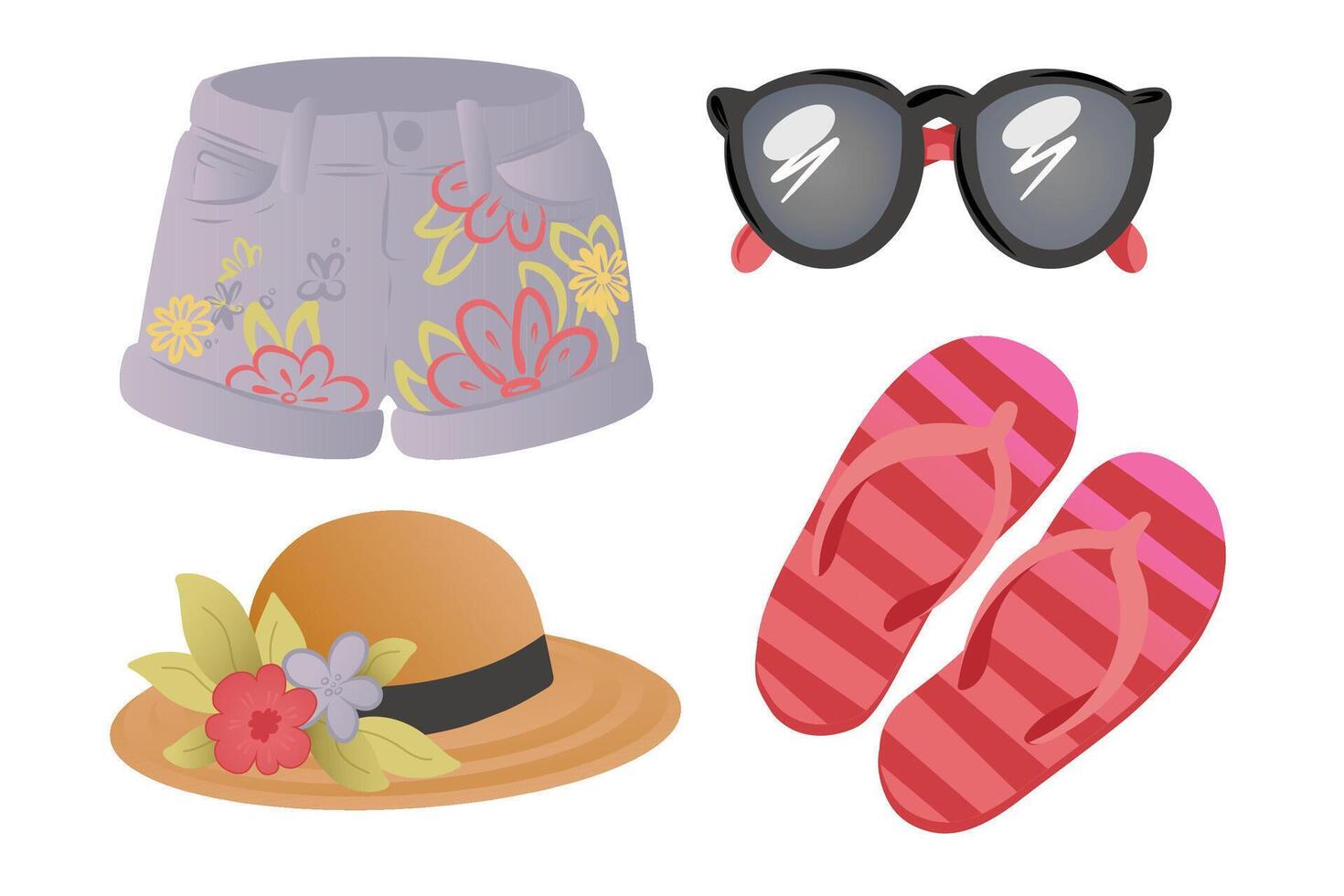 Set of summer accessories including floral denim shorts, black sunglasses, straw hat with flowers, and red striped flip-flops. illustration isolated on white background. vector