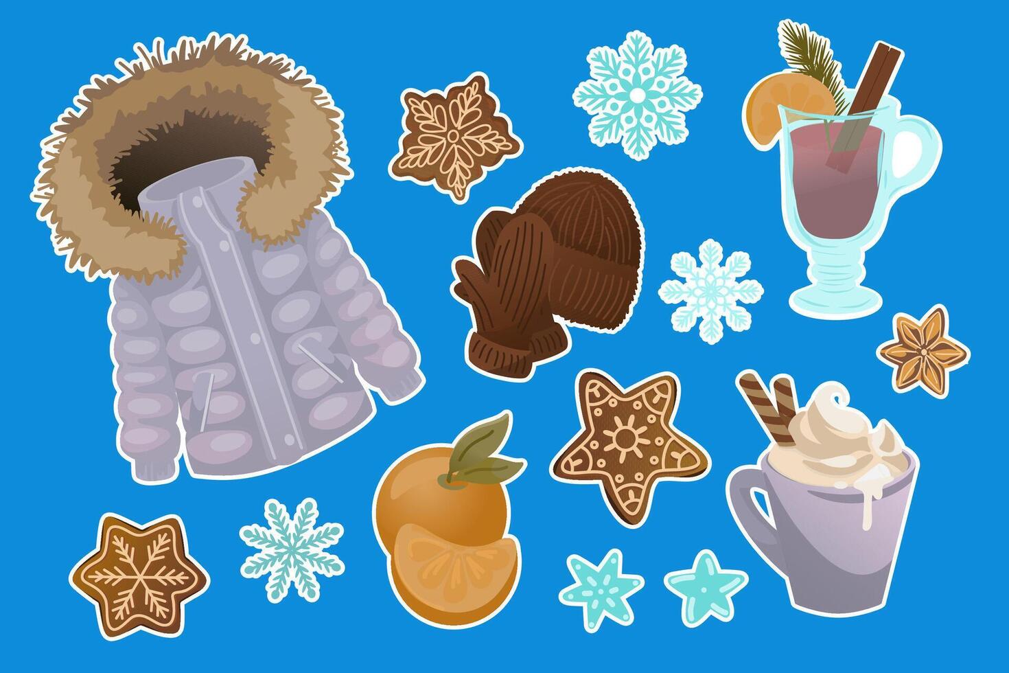 Winter-themed stickers with a fur-trimmed coat, knitted gloves and hat, snowflakes, gingerbread cookies, orange slices, mulled wine, and whipped cream hot drink. Flat design on a blue background. vector