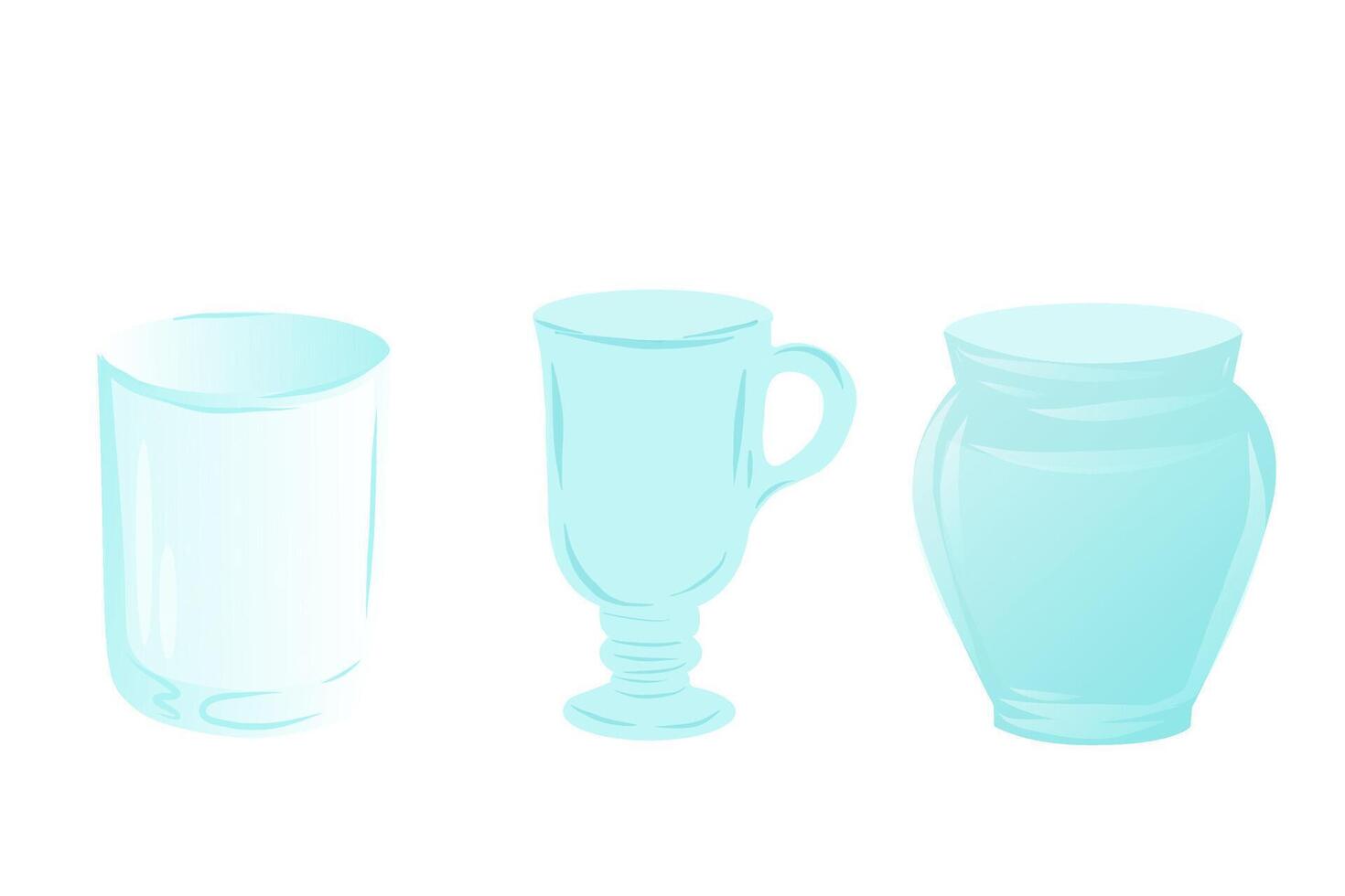 Set of three blue glassware items including a tumbler, a mug, and a jar. Minimalistic illustration isolated on a white background. Kitchenware and home decor concept for design and print. vector