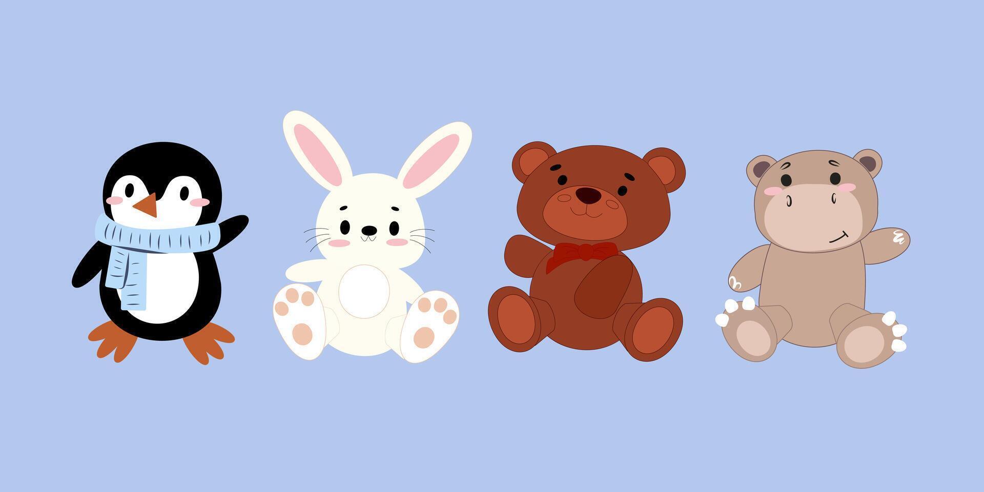 Cute penguin, rabbit, teddy bear, and hippo sitting on light blue background. Cartoon animal illustration. Child-friendly characters vector