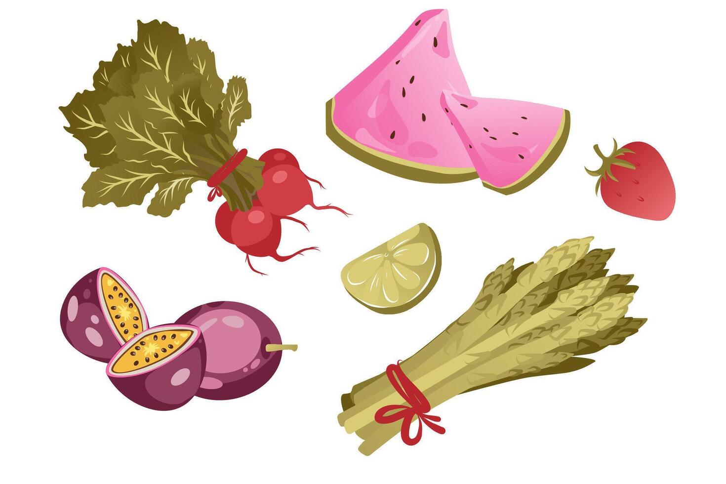 Collection of fruits and vegetables, watermelon, asparagus, radish, passion fruit, lime, and strawberry. illustration on a white background. Healthy food and organic produce concept for design vector
