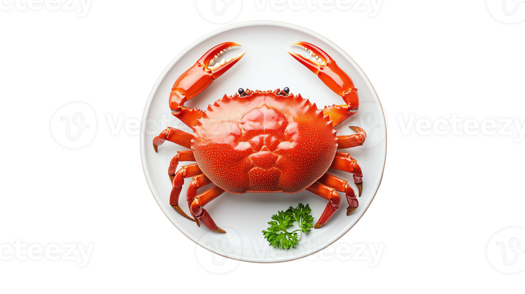Cooked crab on white plate with garnish, isolated background png