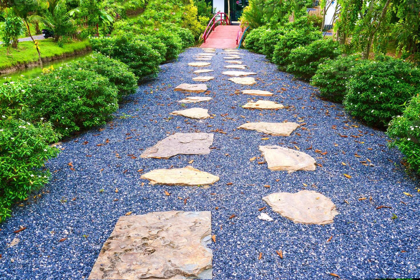 Serene Garden Pathway with Stone Steps Surrounded by Lush Greenery and Vibrant Foliage in a Tranquil Outdoor Setting photo