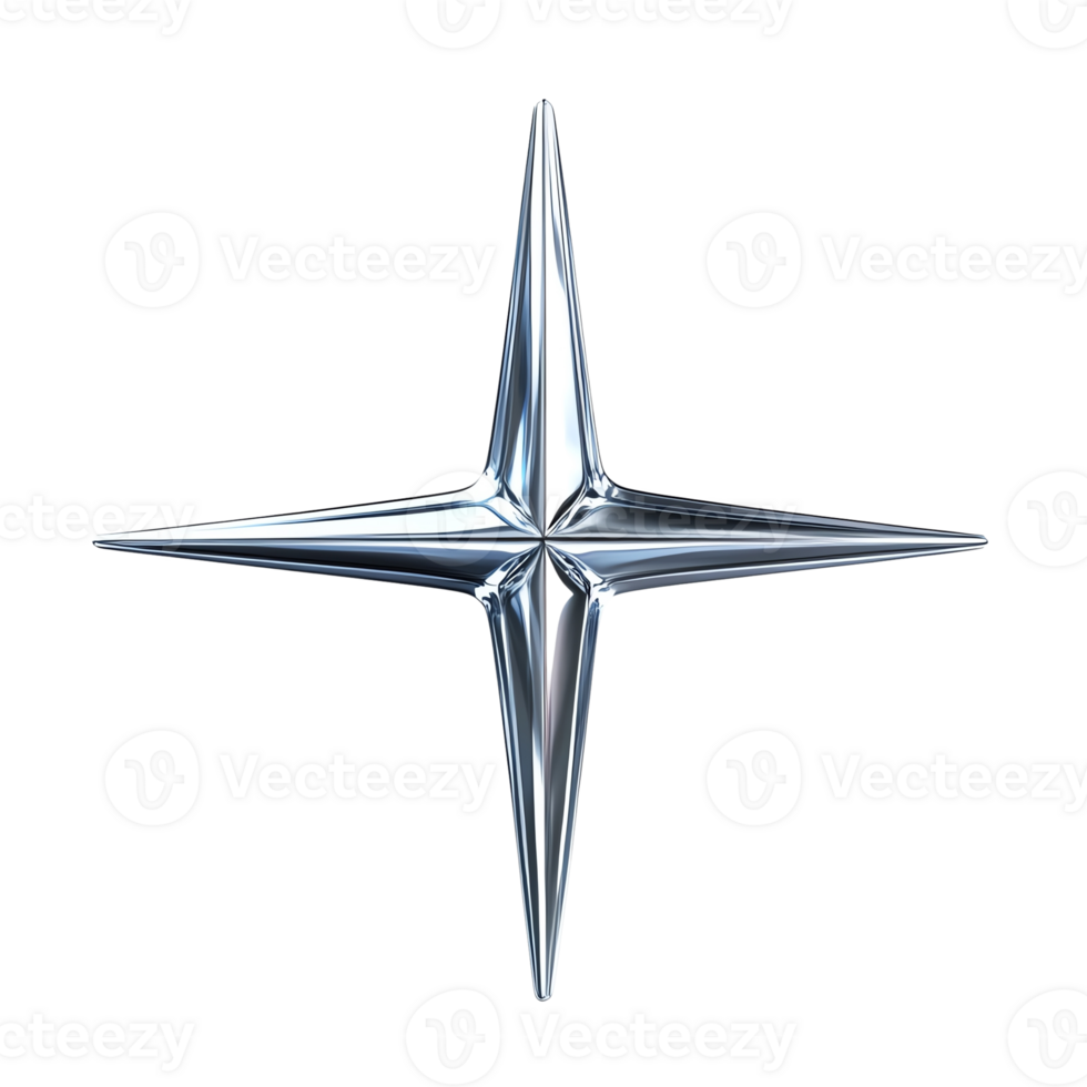 Stylized chrome star emblem with sharp points, perfect for branding or decoration. png