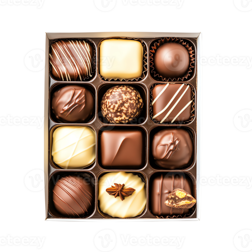 Assorted chocolates in a box, rich flavors, perfect for gifting and indulgence. png