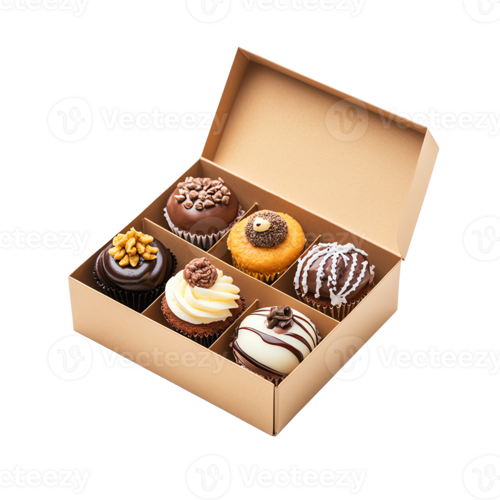 Delicious assorted cupcakes in a brown cardboard box, perfect for parties or celebrations. png