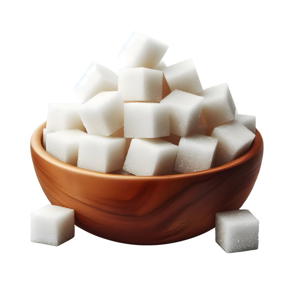 White sugar cubes in a wooden bowl on transparent background png