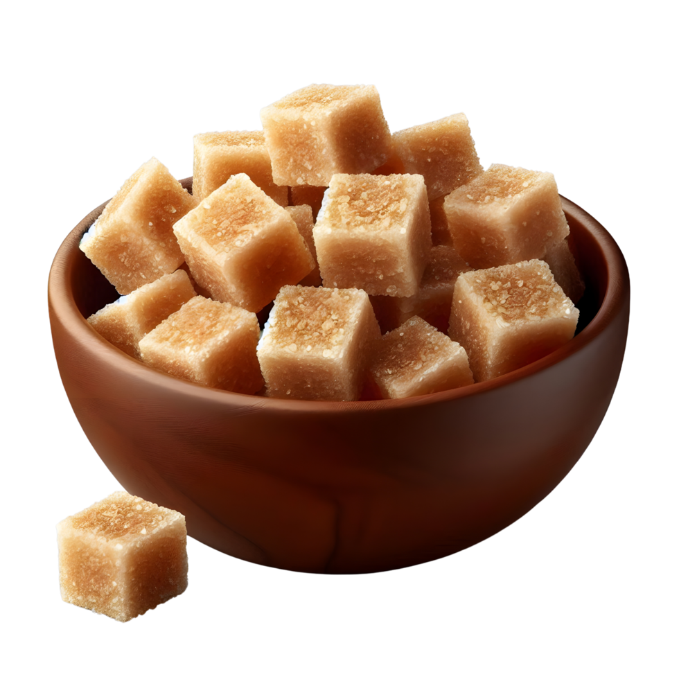 Brown sugar cubes in a wooden bowl on transparent background png