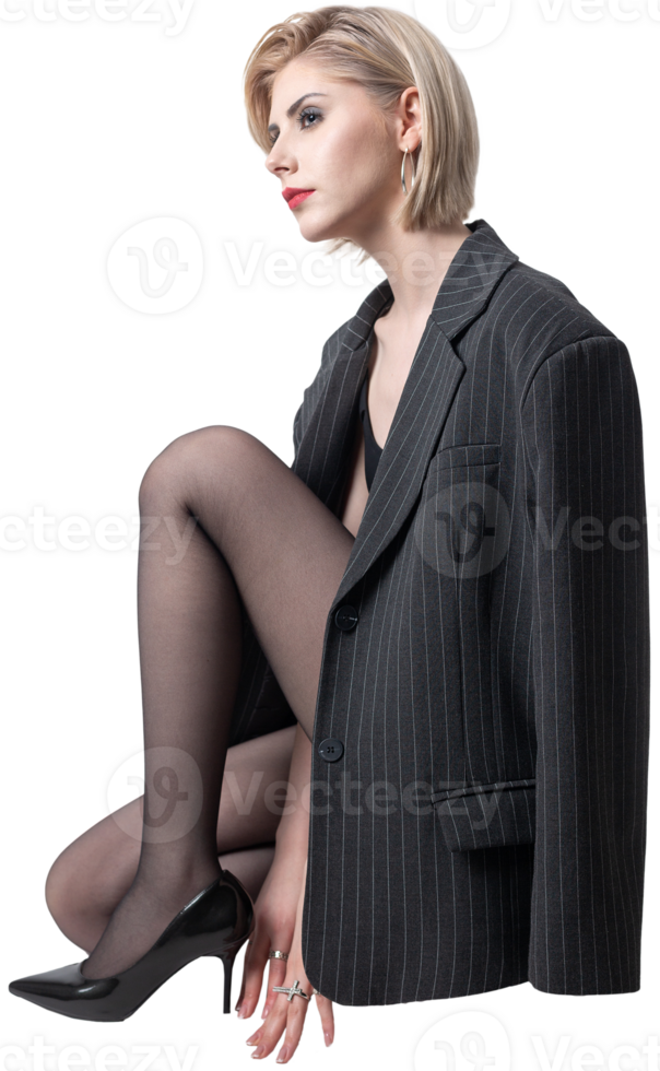 Business lady in a suit with amazing long legs in tights png