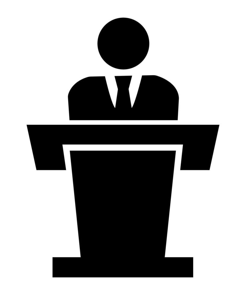 Speech of the tribune, a man speaks for a speaker, a silhouette. simple sticker black icon. vector