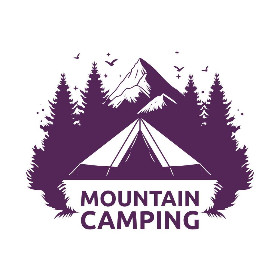 Logo Design of Camping Camp Tent in Purple Mountain View with Pine Trees in Forest vector