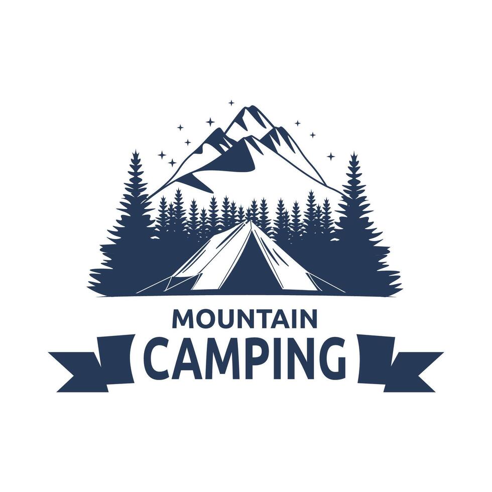 Logo Design of Camping Camp Tent in Blue Mountain View with Pine Trees in Forest vector