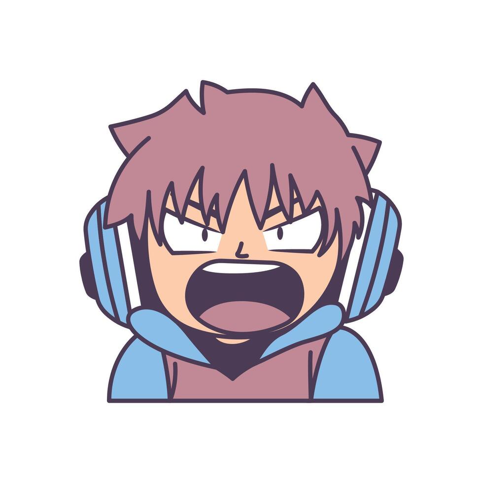 Cute Gamer Boy Cartoon Character Wearing Headset with Angry Screaming Expression vector